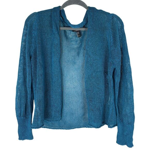 Eileen Fisher Organic Linen Cotton Blend Cardigan Sweater Open Front Teal Size L - Picture 2 of 8